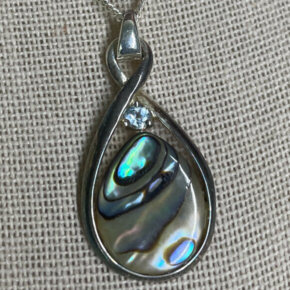 18" Sterling Silver Round Blue Topaz & Abalone Shell Necklace Vintage - Picture 3 of 6